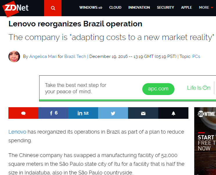 传联想巴西新厂面积减半 大幅裁员以降低成本