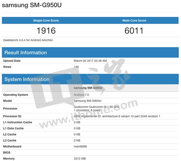 三星S8手机跑分首曝光：搭载骁龙835，4GB内存