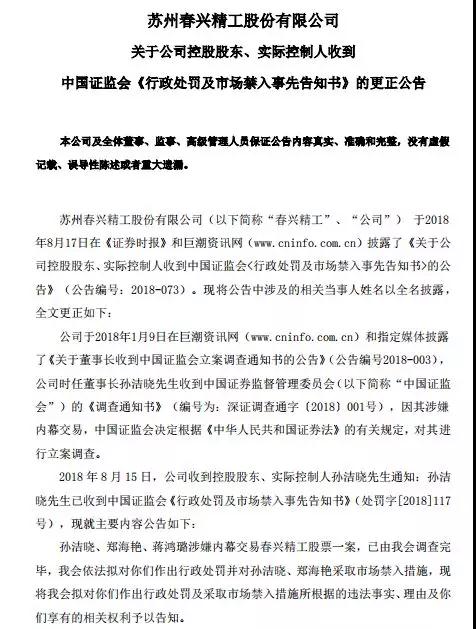 春兴精工实控人内幕交易被罚10年市场禁入：股价暴跌近60%