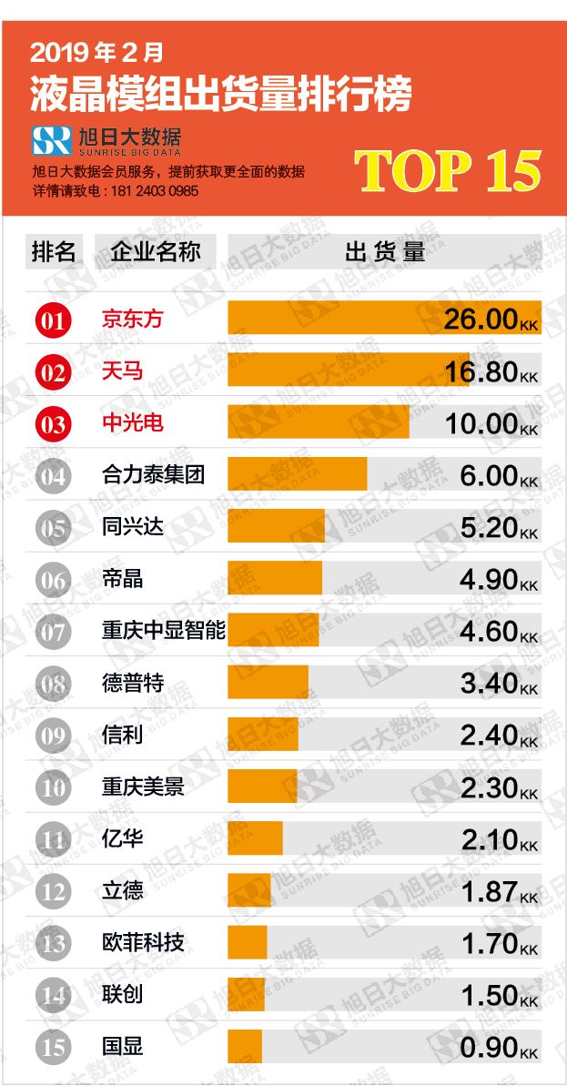 2019年2月液晶显示模组出货量排行榜