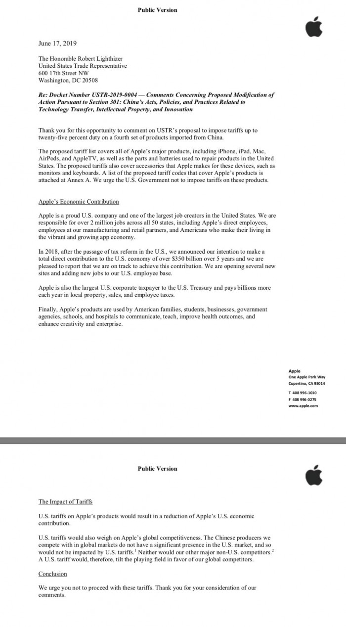 苹果致信美贸易代表：新关税将影响iPhone、iPad等所有产品成本